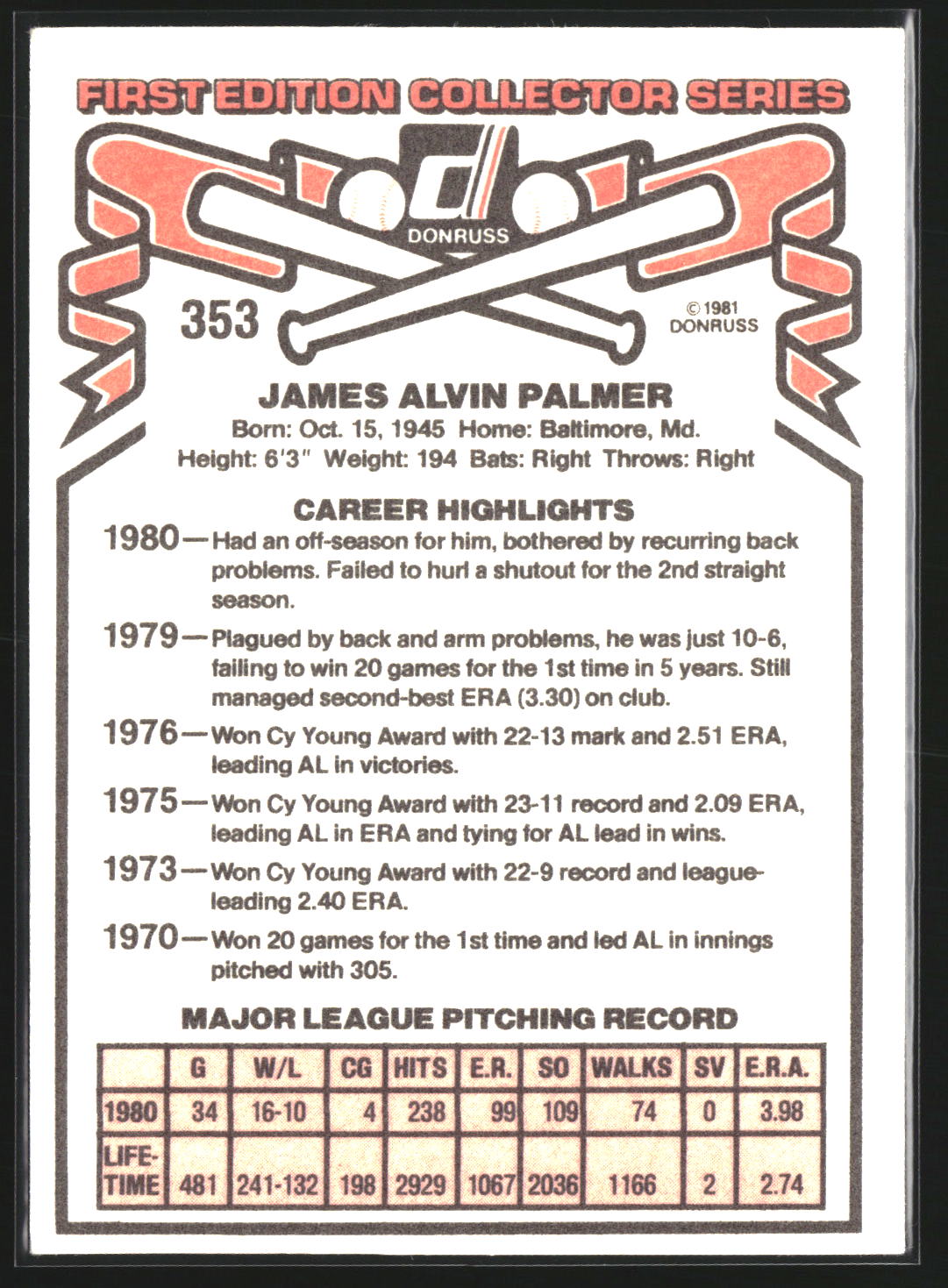 Jim Palmer 1981 Donruss 353 Baltimore Orioles