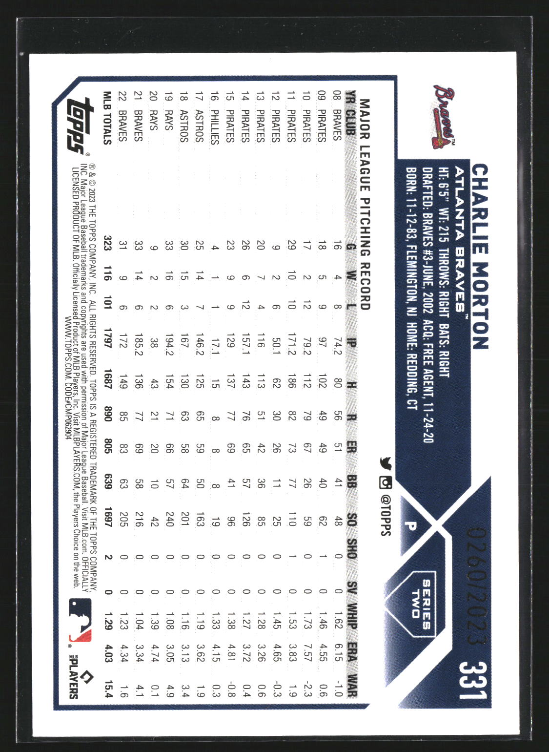 Charlie Morton 2023 Topps 331 Gold SN Atlanta Braves