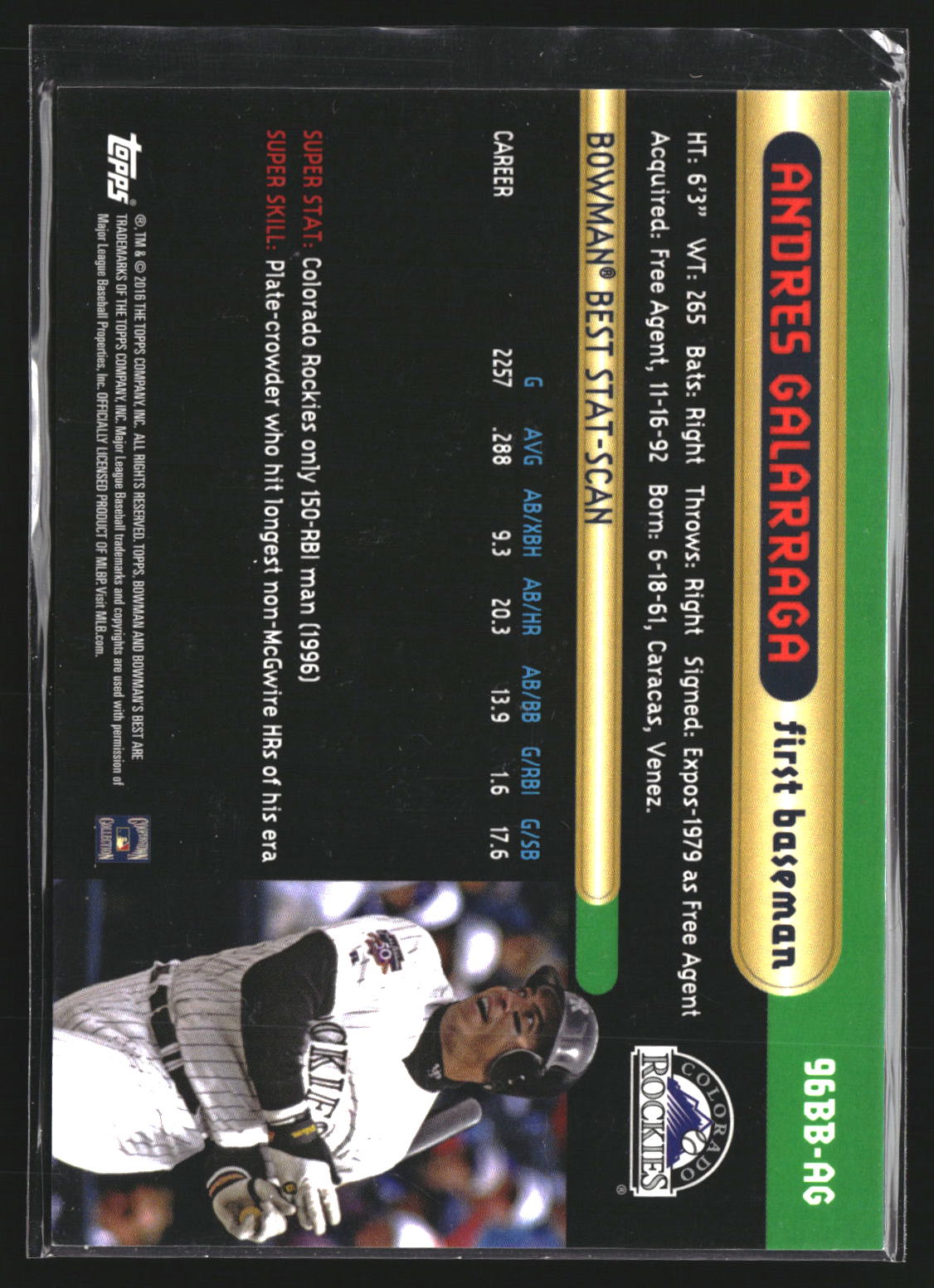 Andres Galarraga 2016 Bowman's Best 96BB-AG 1996 Bowman's Best Colorado Rockies