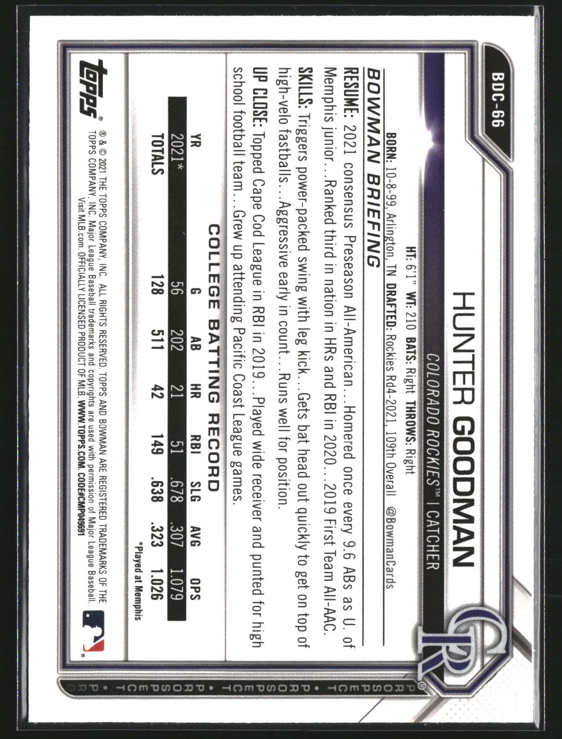 Hunter Goodman 2021 Bowman Draft Sapphire Edition BDC-66 RC Colorado Rockies