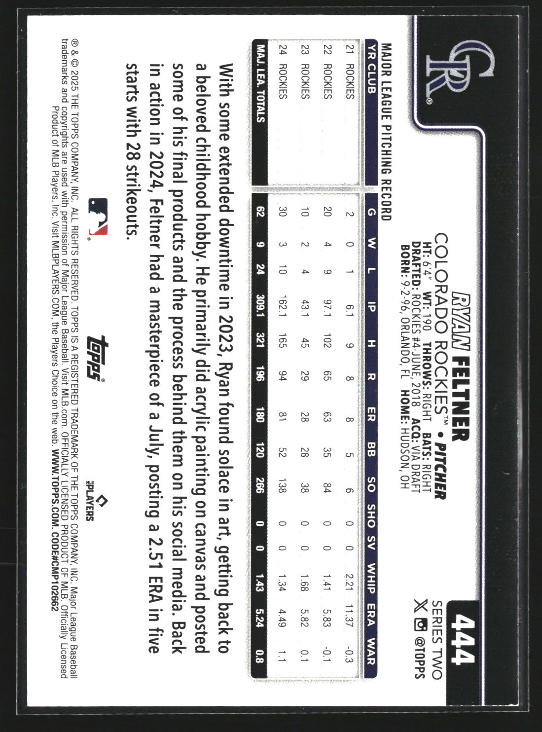 Ryan Feltner 2025 Topps 444 Holo Foil Colorado Rockies