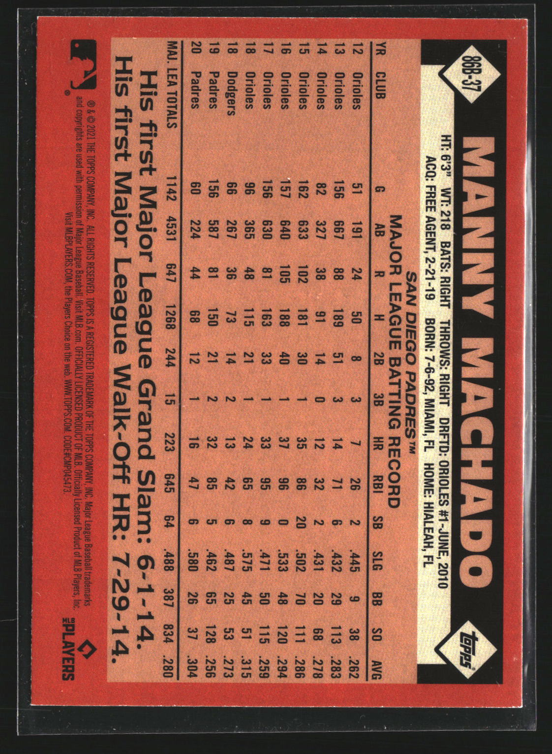 Manny Machado 2021 Topps 86B-37 1986 Topps Baseball 35th (Series 2) Padres