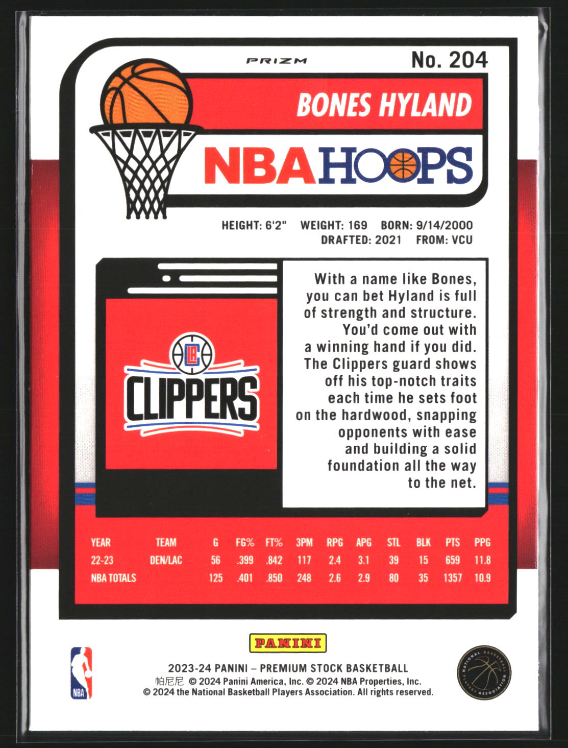 Bones Hyland 2023-24 Hoops Premium Stock 204 Silver Prizm Los Angeles Clippers
