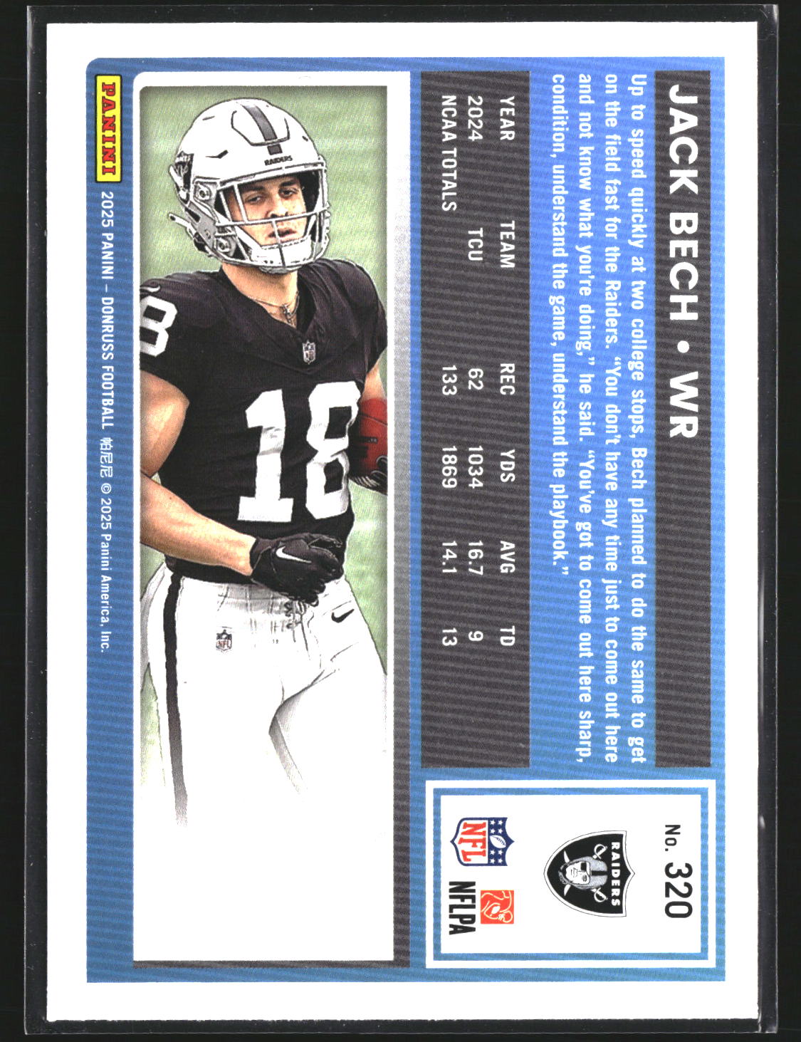 Jack Bech 2025 Donruss 320 RC RC Las Vegas Raiders