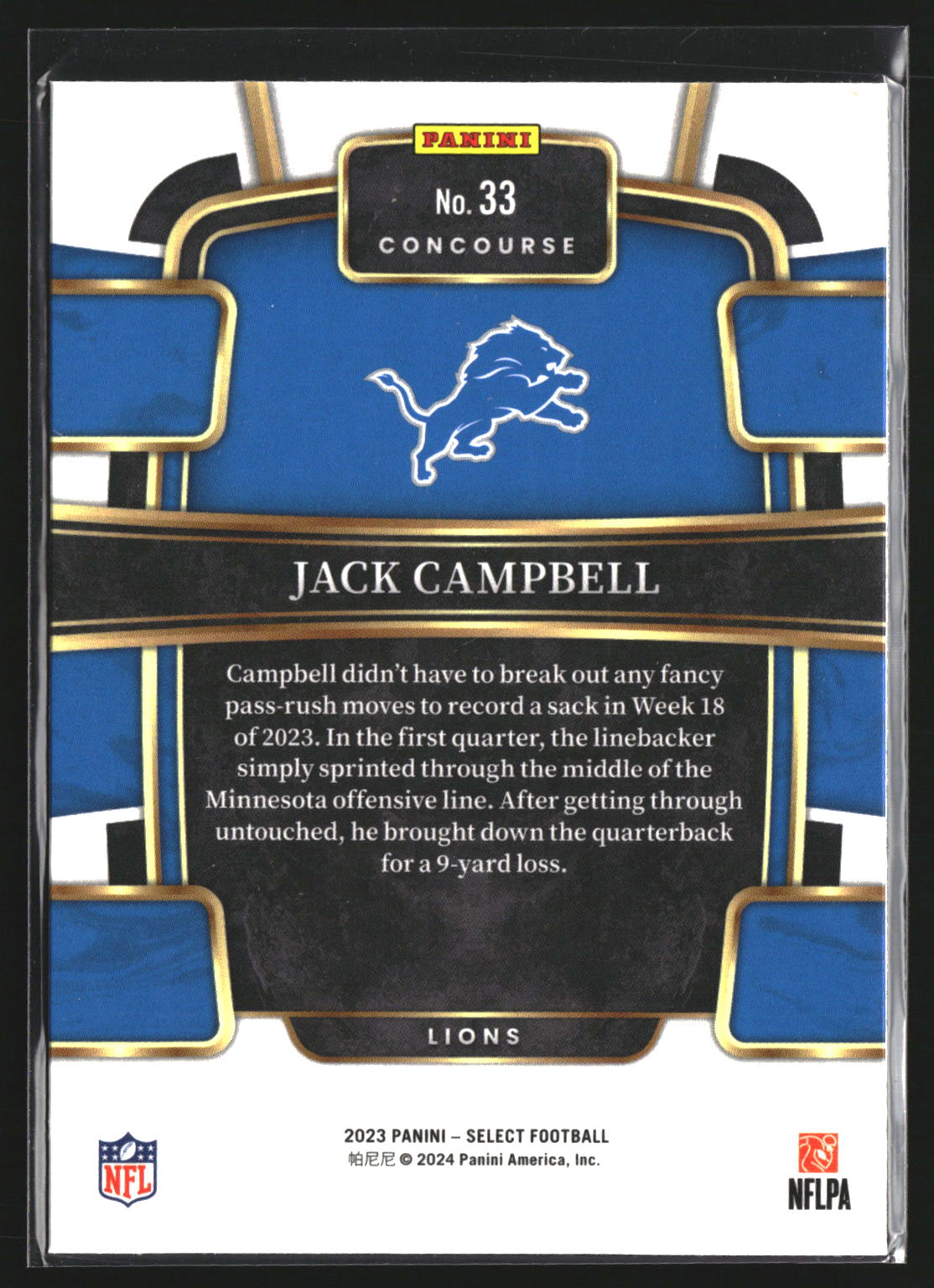 Jack Campbell 2023 Panini Select 33 RC RC Detroit Lions