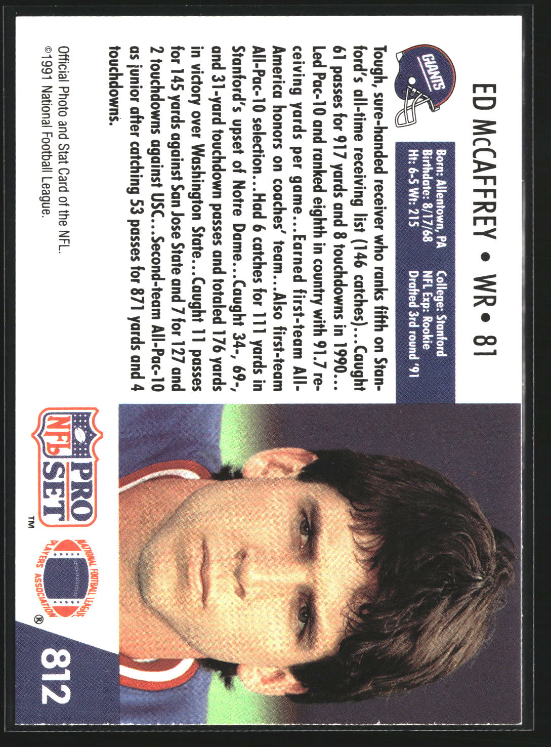 Ed McCaffrey 1991 Pro Set 812 RC RC New York Giants