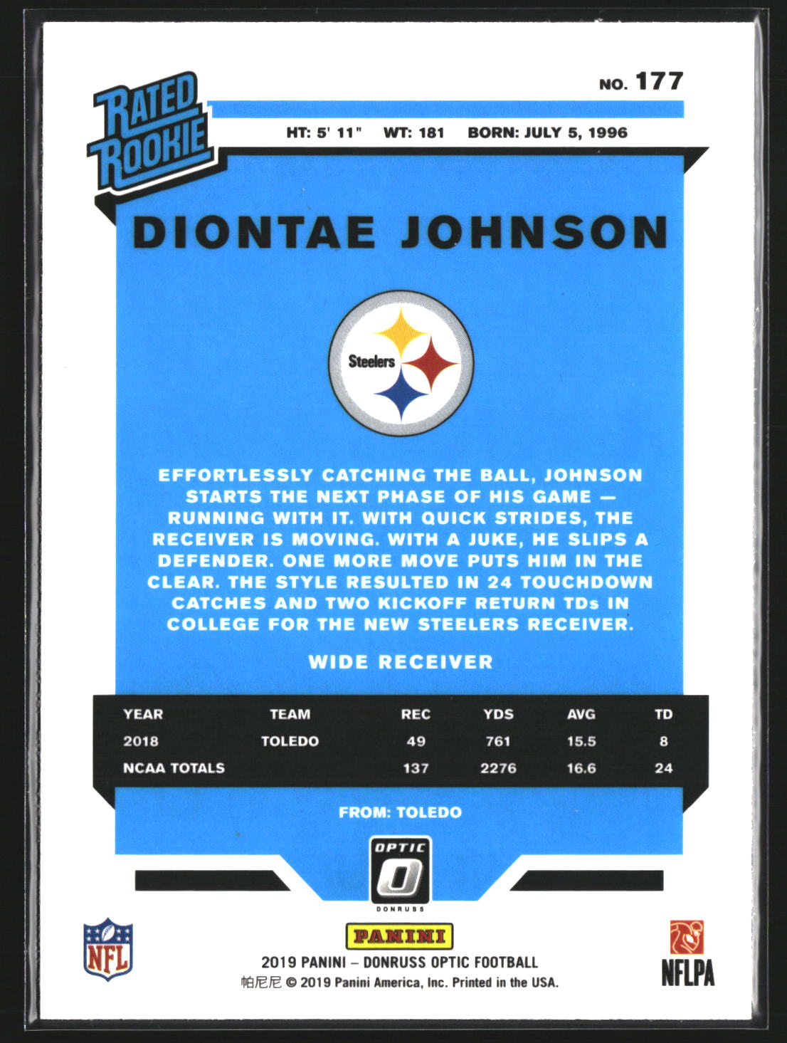 Diontae Johnson 2019 Donruss Optic 177 RC RC Pittsburgh Steelers