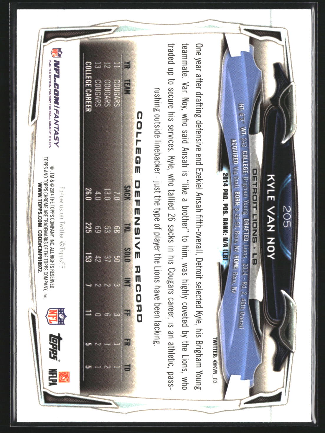 Kyle Van Noy 2014 Topps Chrome 205 RC RC Detroit Lions