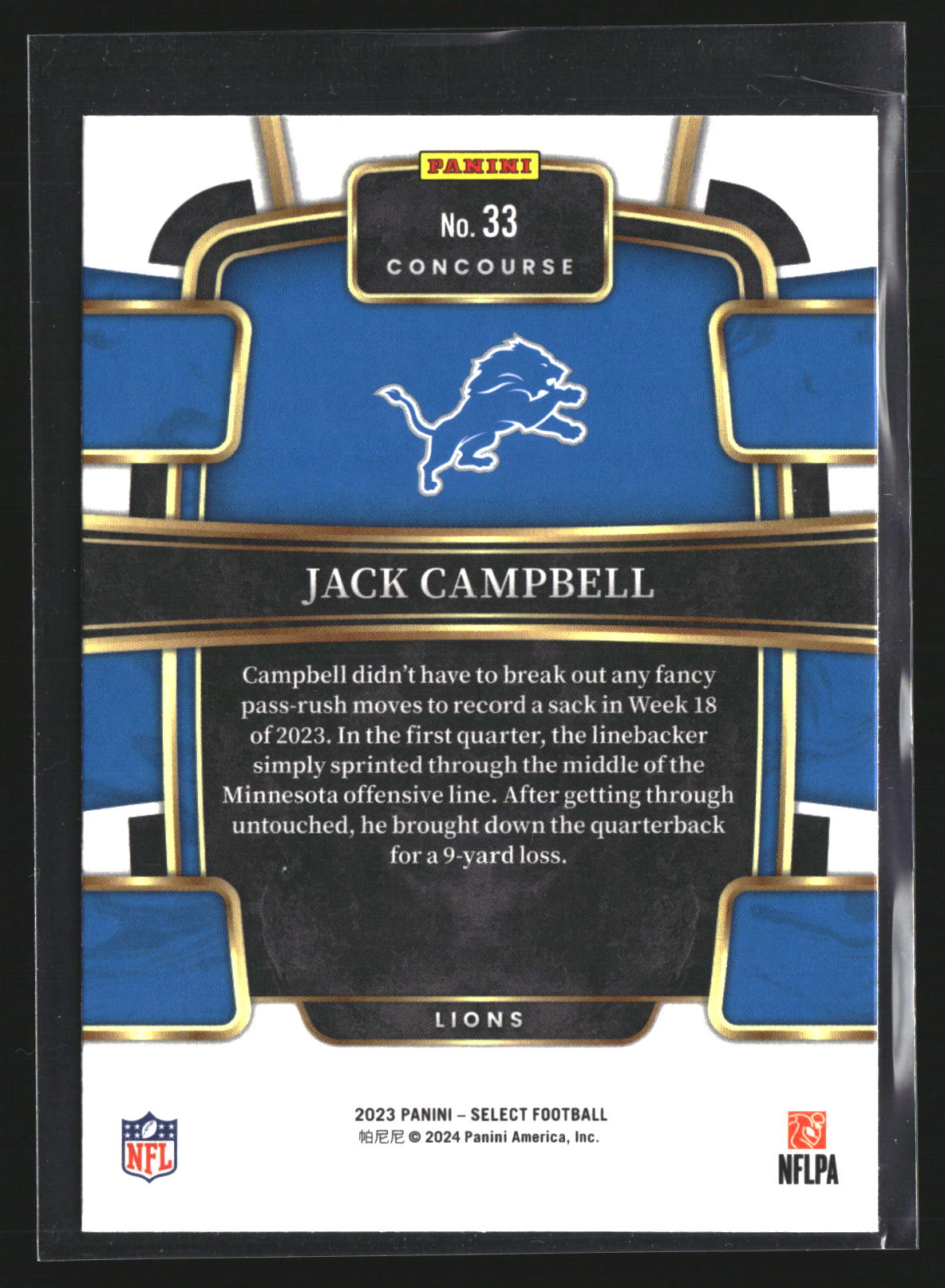 Jack Campbell 2023 Panini Select 33 RC RC Detroit Lions