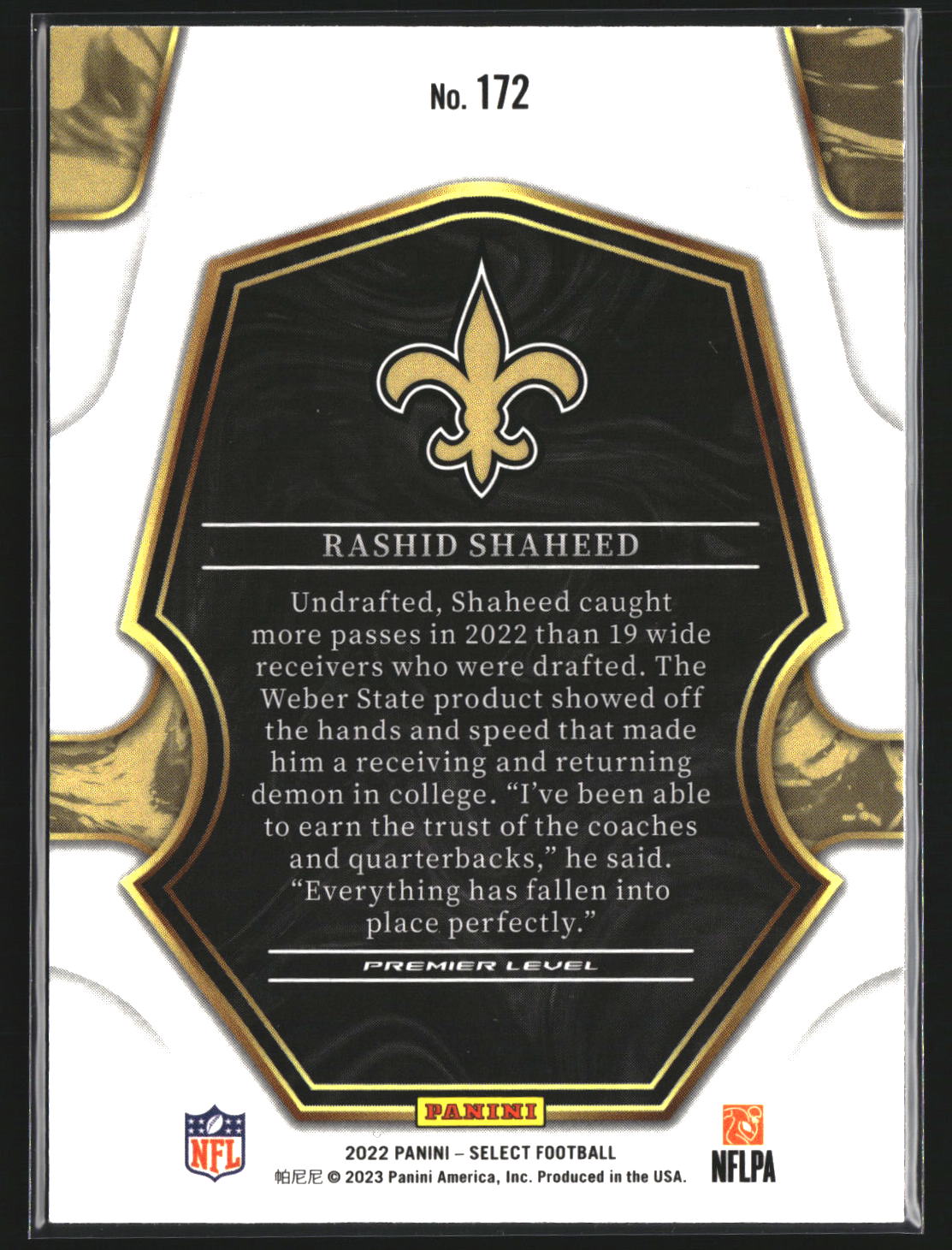 Rashid Shaheed 2022 Panini Select 172 RC RC New Orleans Saints