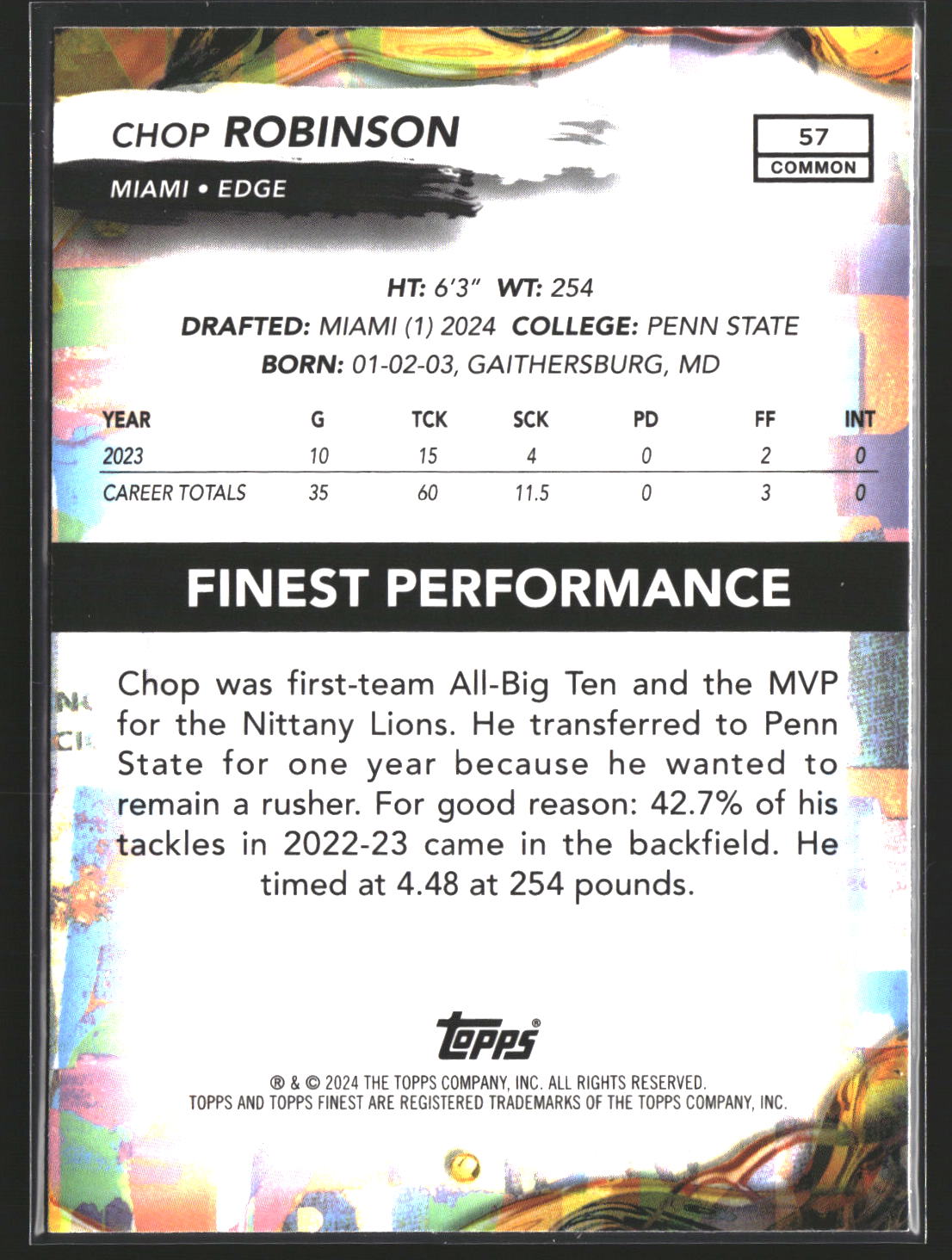 Chop Robinson 2024 Finest 57 RC RC Miami Dolphins