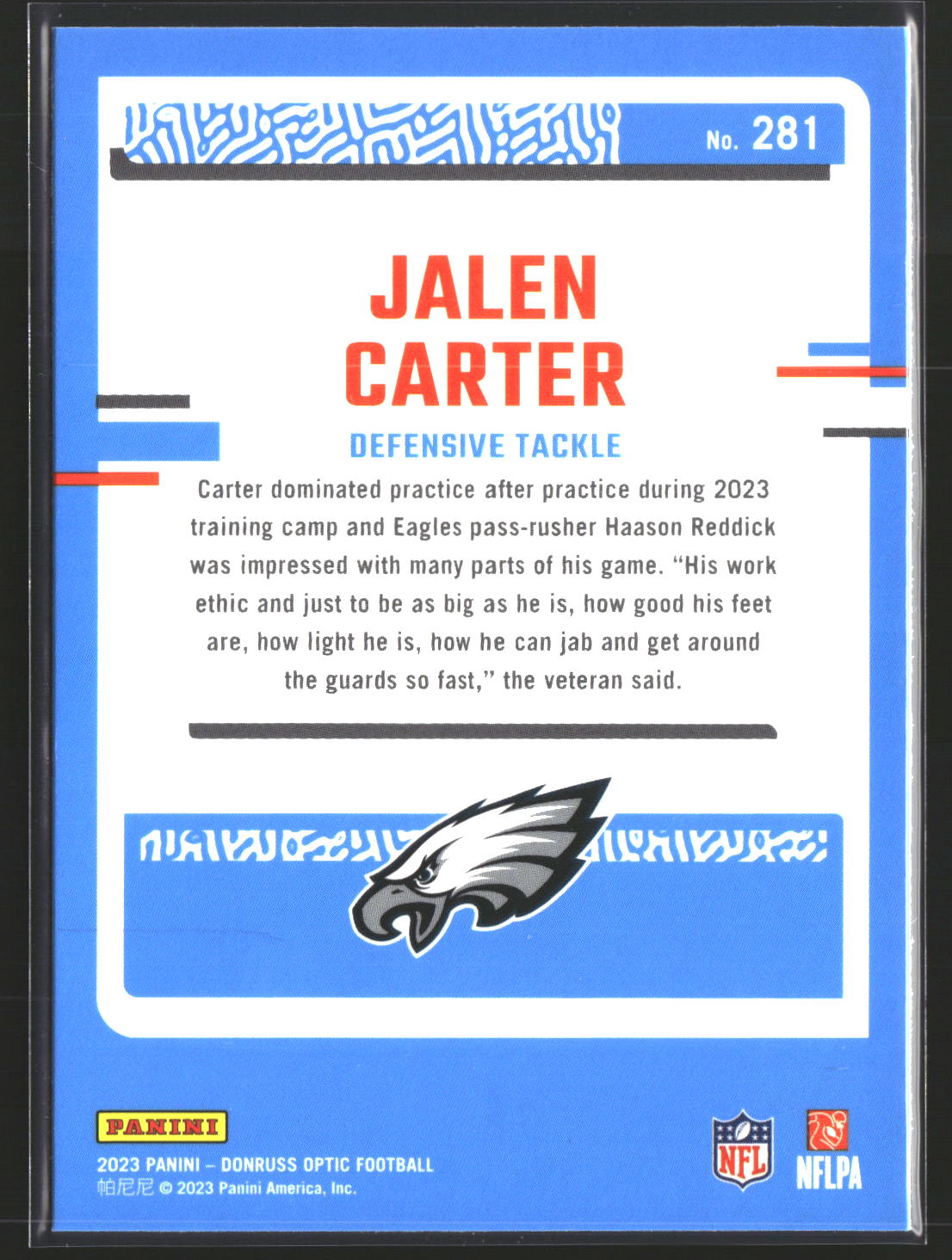 Jalen Carter 2023 Donruss Optic 281 RC RC Philadelphia Eagles