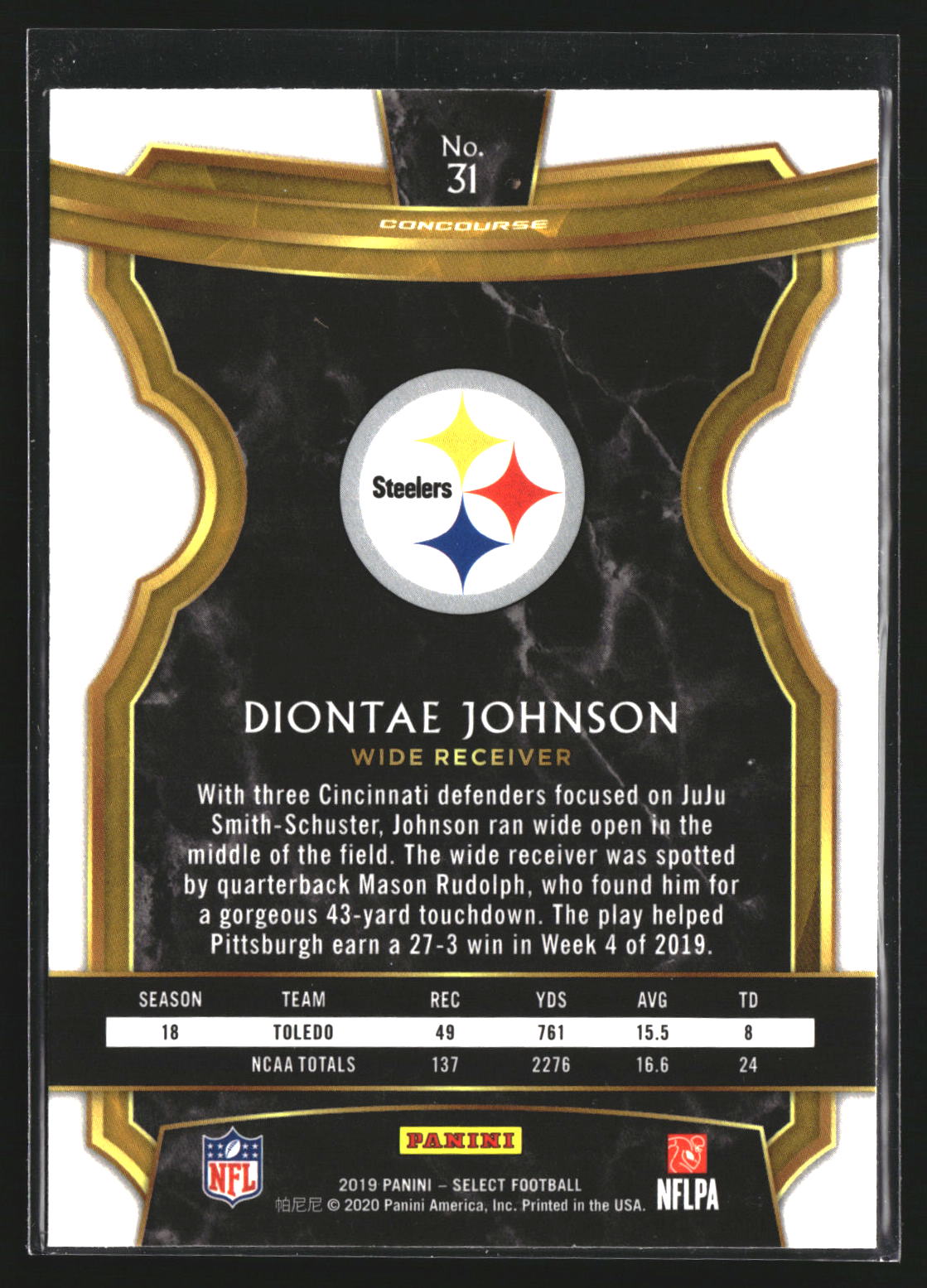 Diontae Johnson 2019 Panini Select 31 RC RC Pittsburgh Steelers