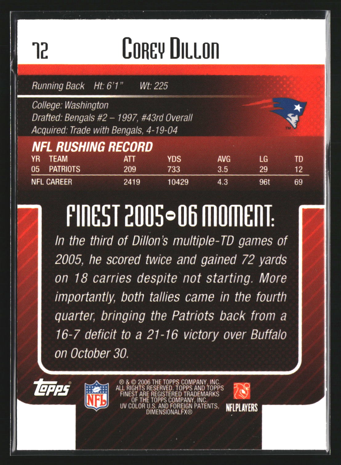 Corey Dillon 2006 Finest 72 New England Patriots