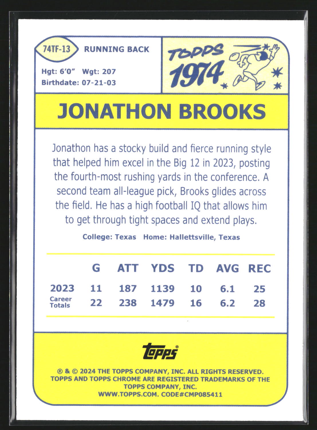 Jonathon Brooks 2024 Topps Chrome 74TF-13 1974 Topps Football Carolina Panthers