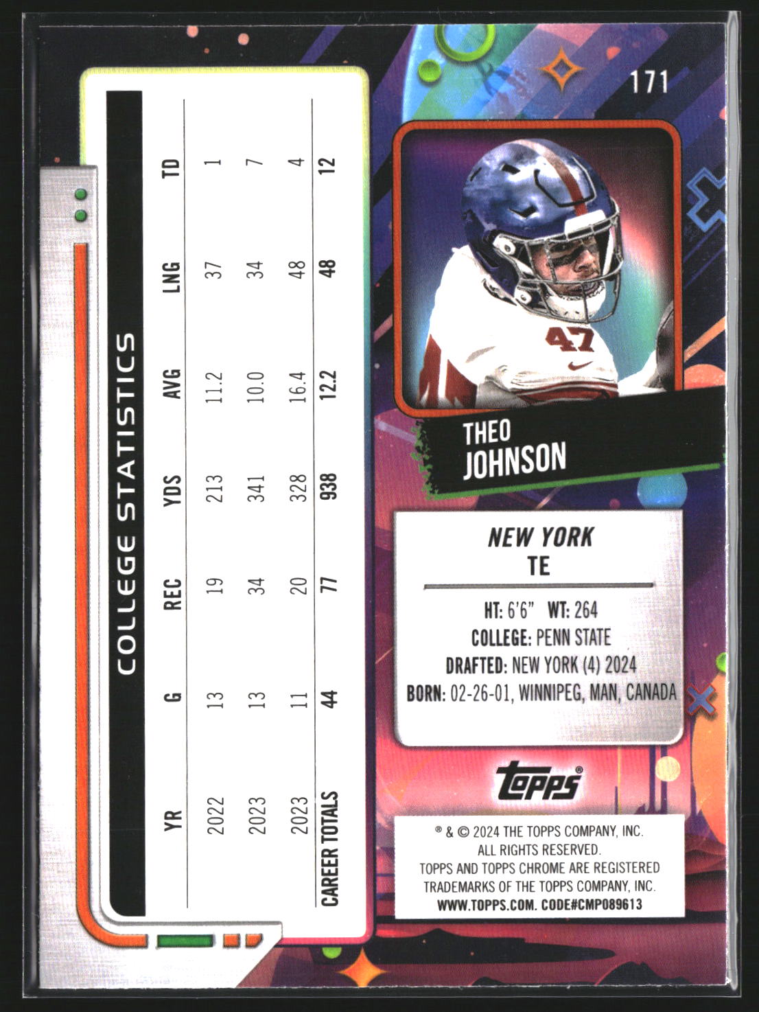 Theo Johnson 2024 Topps Chrome Cosmic 171 RC RC New York Giants