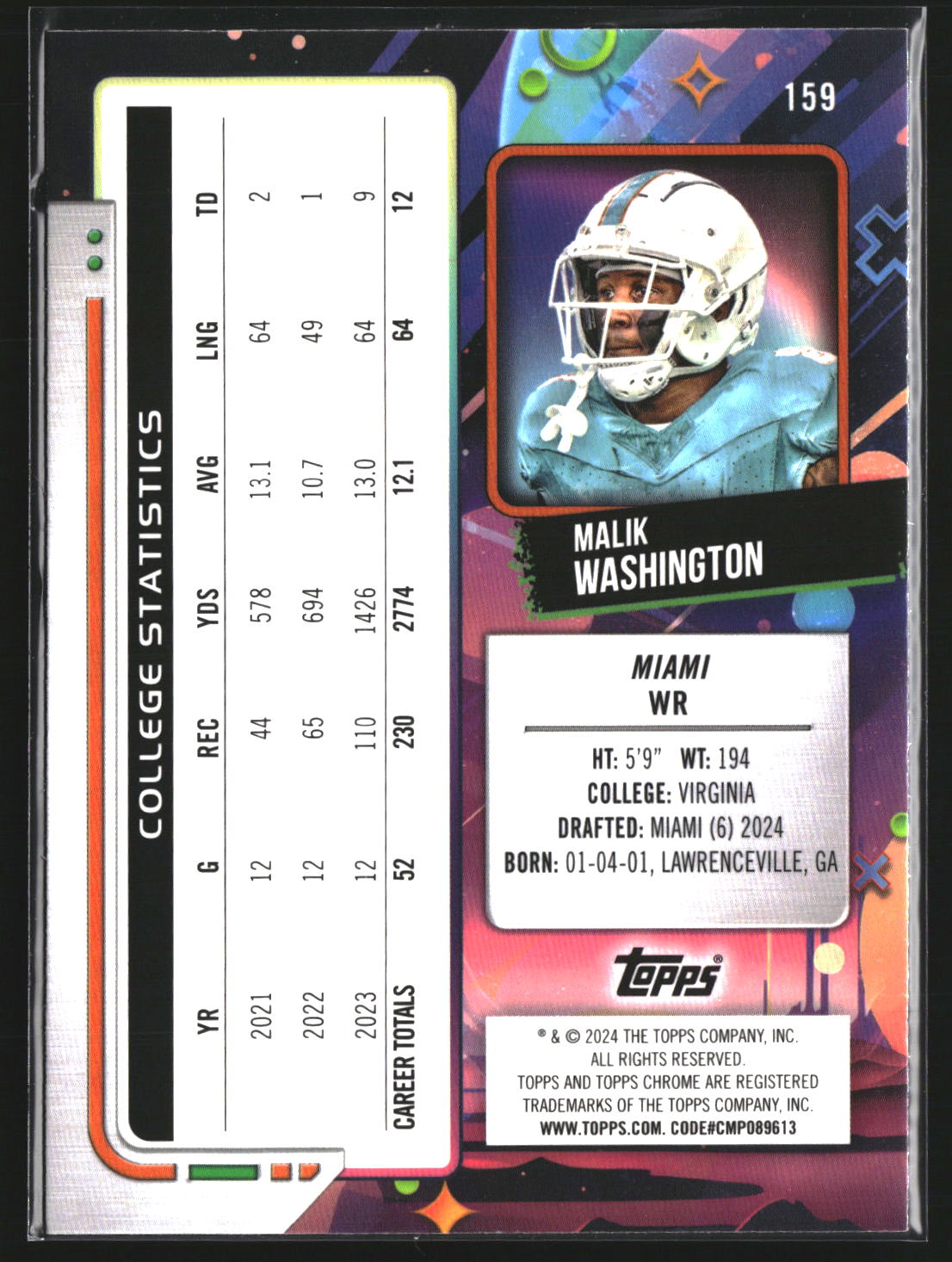 Malik Washington 2024 Topps Chrome Cosmic 159 RC RC Miami Dolphins