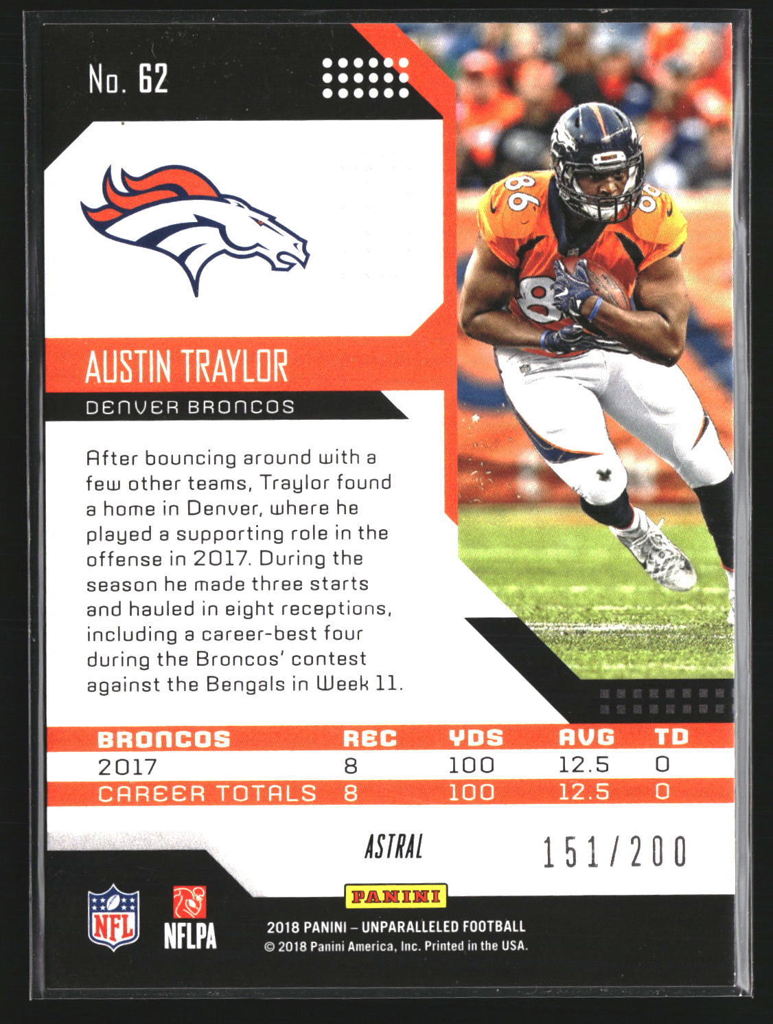 Austin Traylor 2018 Panini Unparalleled 62 Astral SN, RC RC Denver Broncos