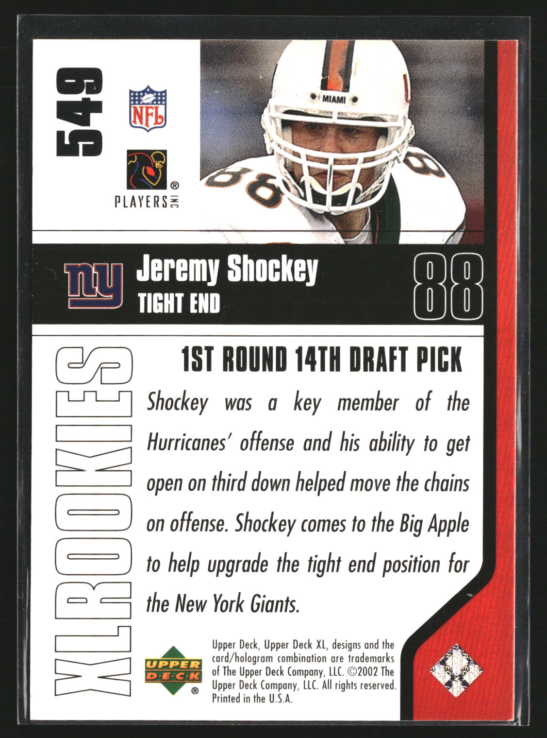 Jeremy Shockey 2002 Upper Deck XL 549 RC RC New York Giants