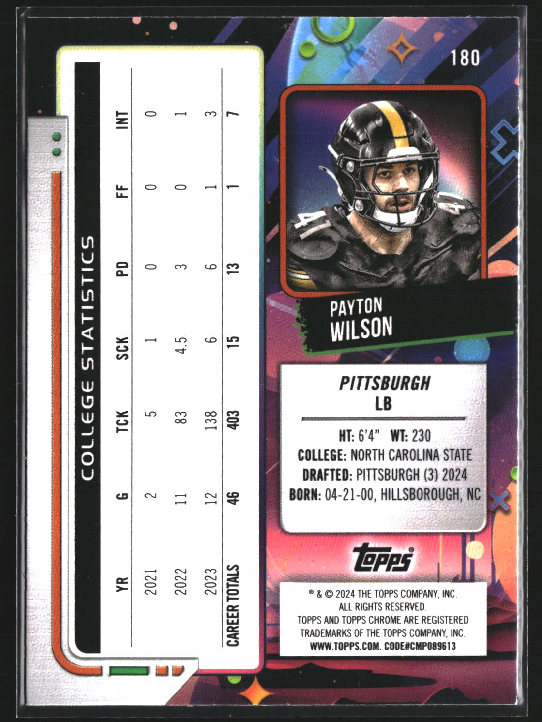 Payton Wilson 2024 Topps Chrome Cosmic 180 RC RC Pittsburgh Steelers