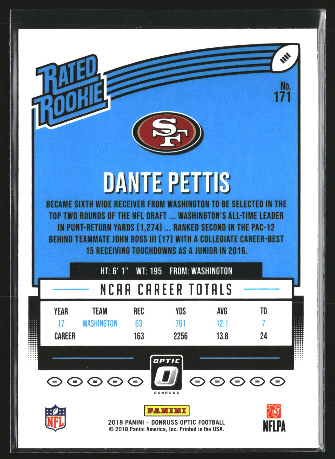 Dante Pettis 2018 Donruss Optic 171 RC RC San Francisco 49ers