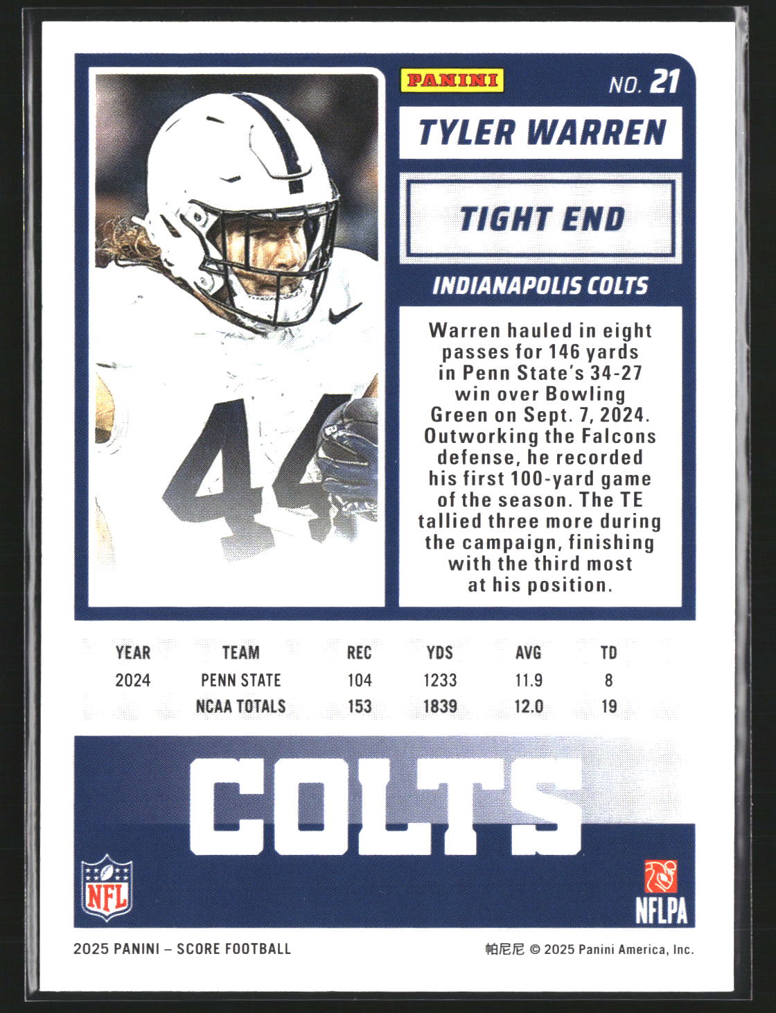 Tyler Warren 2025 Score-A-Treat 21 RC RC Indianapolis Colts