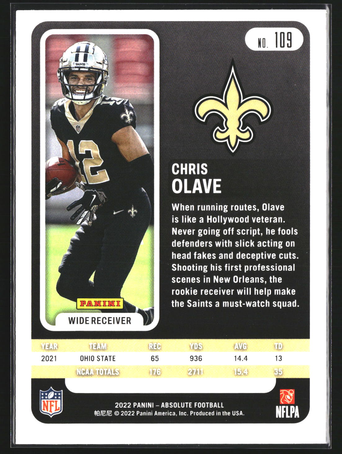 Chris Olave 2022 Panini Absolute 109 Retail RC RC New Orleans Saints