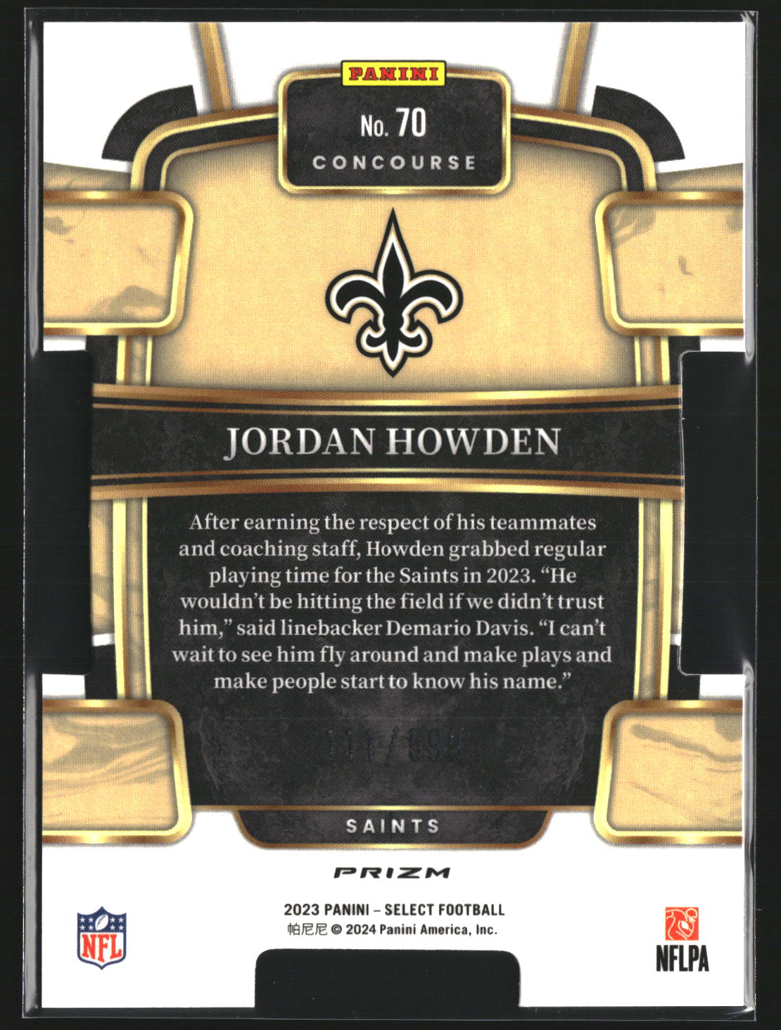 Jordan Howden 2023 Panini Select 70 Neon Green Prizms Die Cuts SN RC Saints