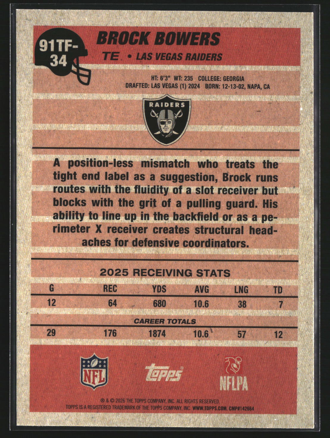 Brock Bowers 2026 Topps Flagship 91TF-34 1991 Topps Football Crackle Raiders