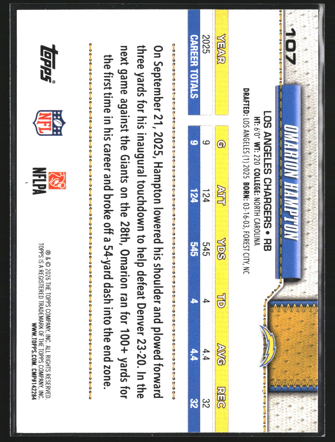 Omarion Hampton 2026 Topps Flagship 107 Holo Foil Los Angeles Chargers