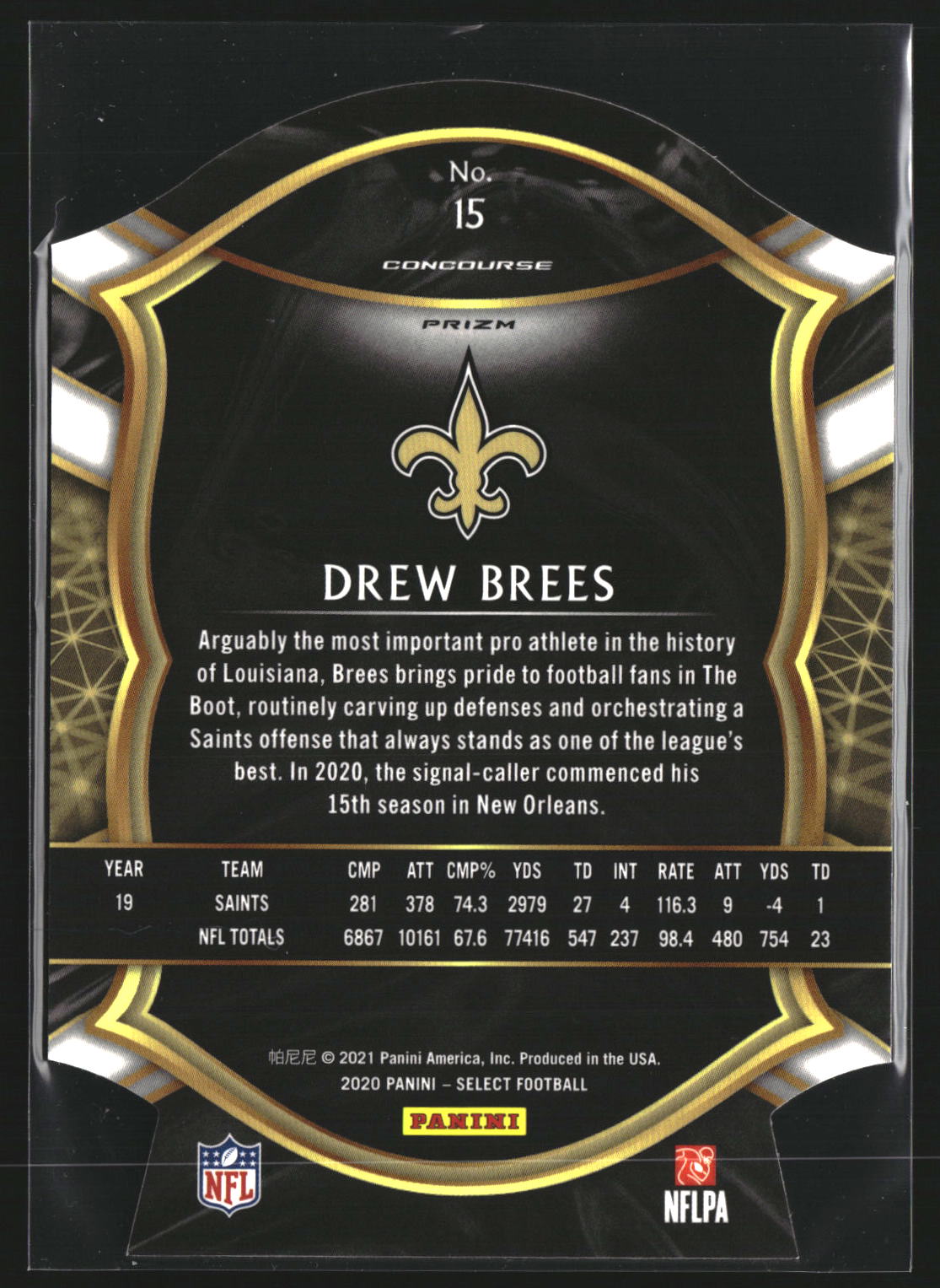 Drew Brees 2020 Panini Select 15 Red Prizm Die Cut New Orleans Saints
