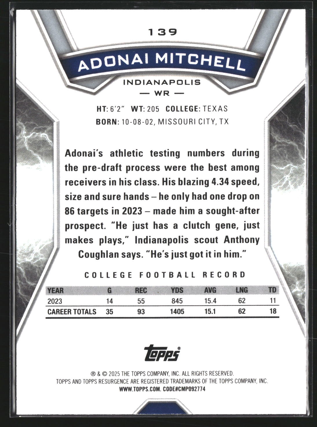 Adonai Mitchell 2024 Topps Resurgence 139 RC RC Indianapolis Colts
