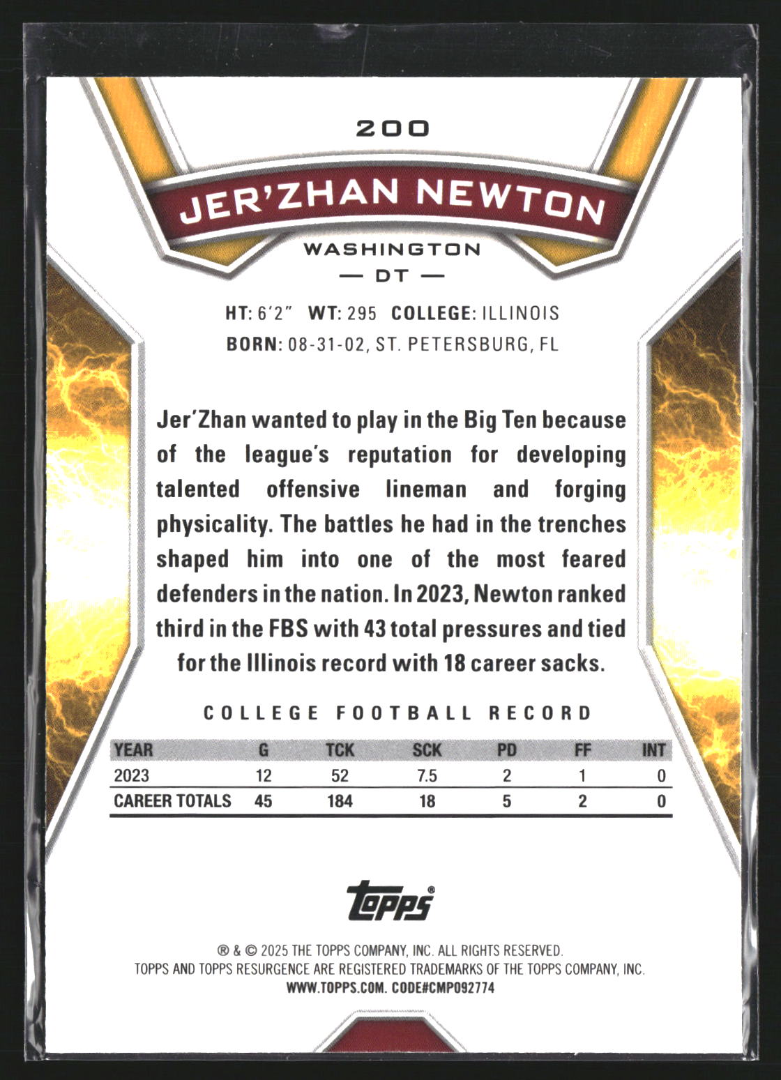 Jer'Zhan Newton 2024 Topps Resurgence 200 RC RC Washington Commanders