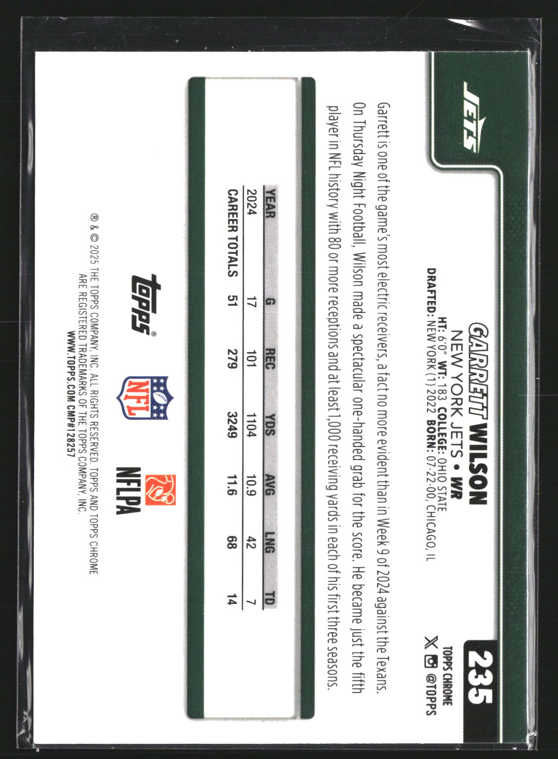 Garrett Wilson 2025 Topps Chrome 235 Hot Pink X-Fractor New York Jets