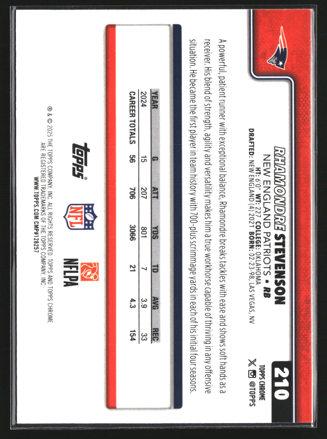 Rhamondre Stevenson 2025 Topps Chrome 210 Ray Wave Refractor New England Patriot