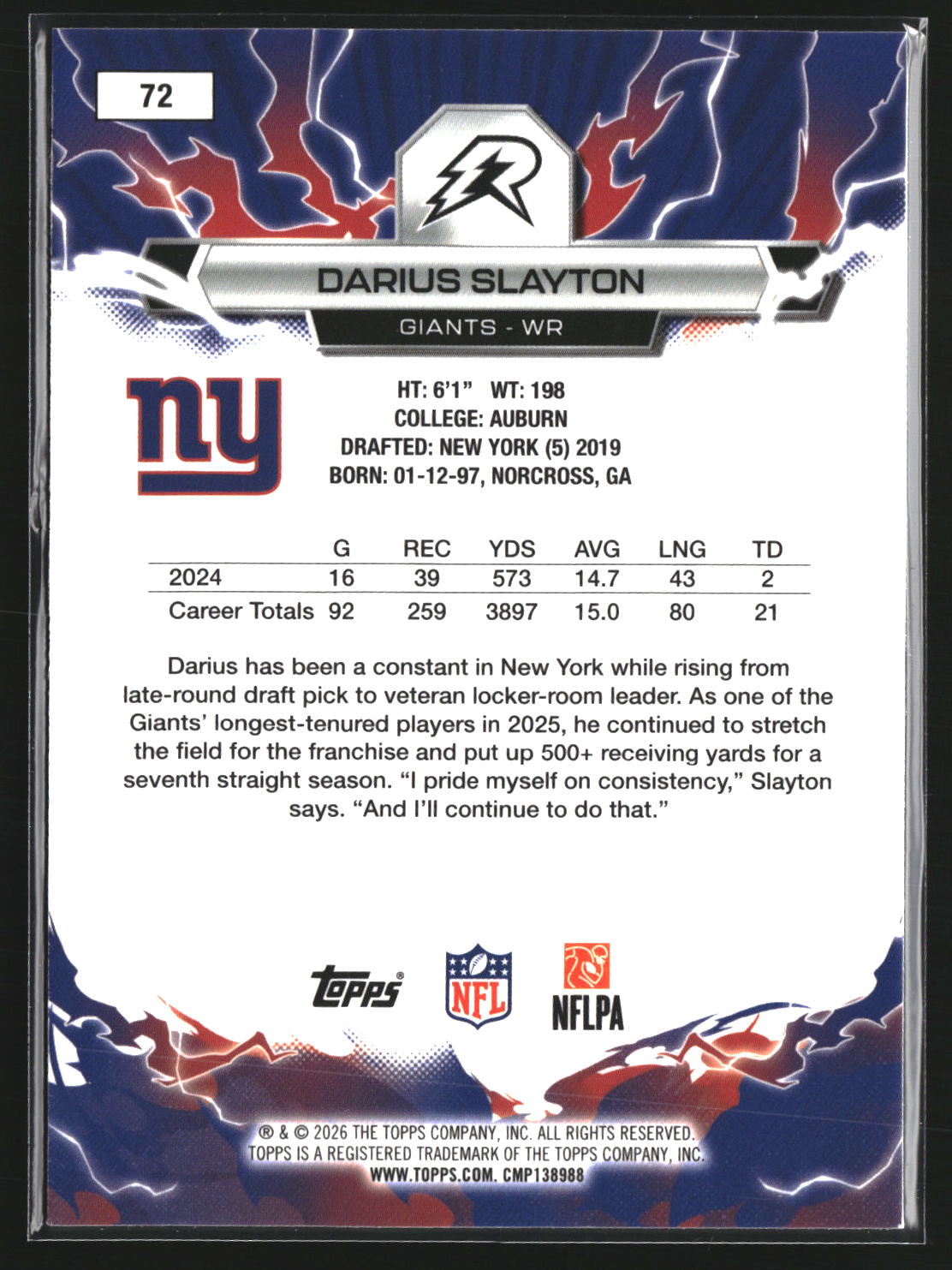 Darius Slayton 2025 Topps Resurgence 72 Sky Blue & Pink Shock Refractor Giants