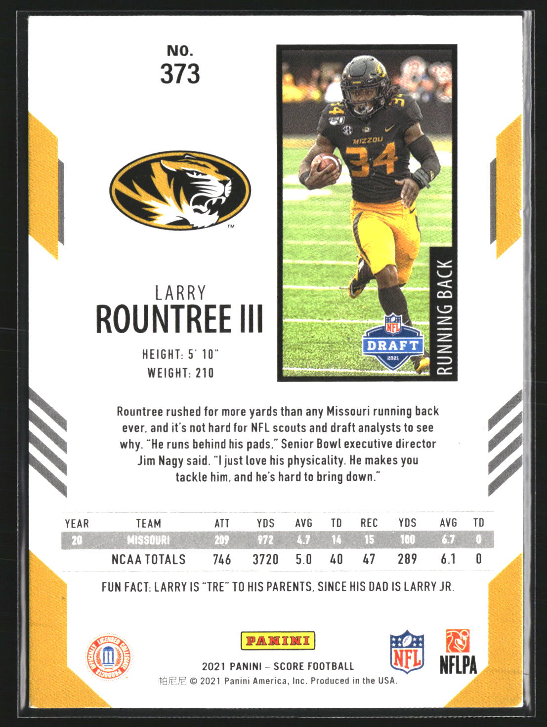 Larry Rountree III 2021 Score 373 Lava SN, RC RC Missouri Tigers