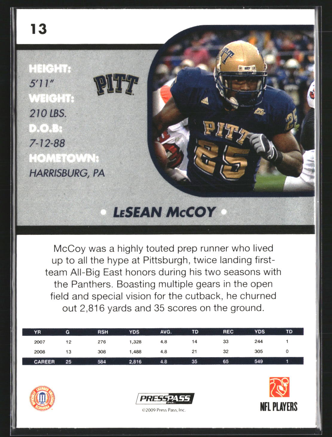 LeSean McCoy 2009 Press Pass SE 13 Pittsburgh Panthers