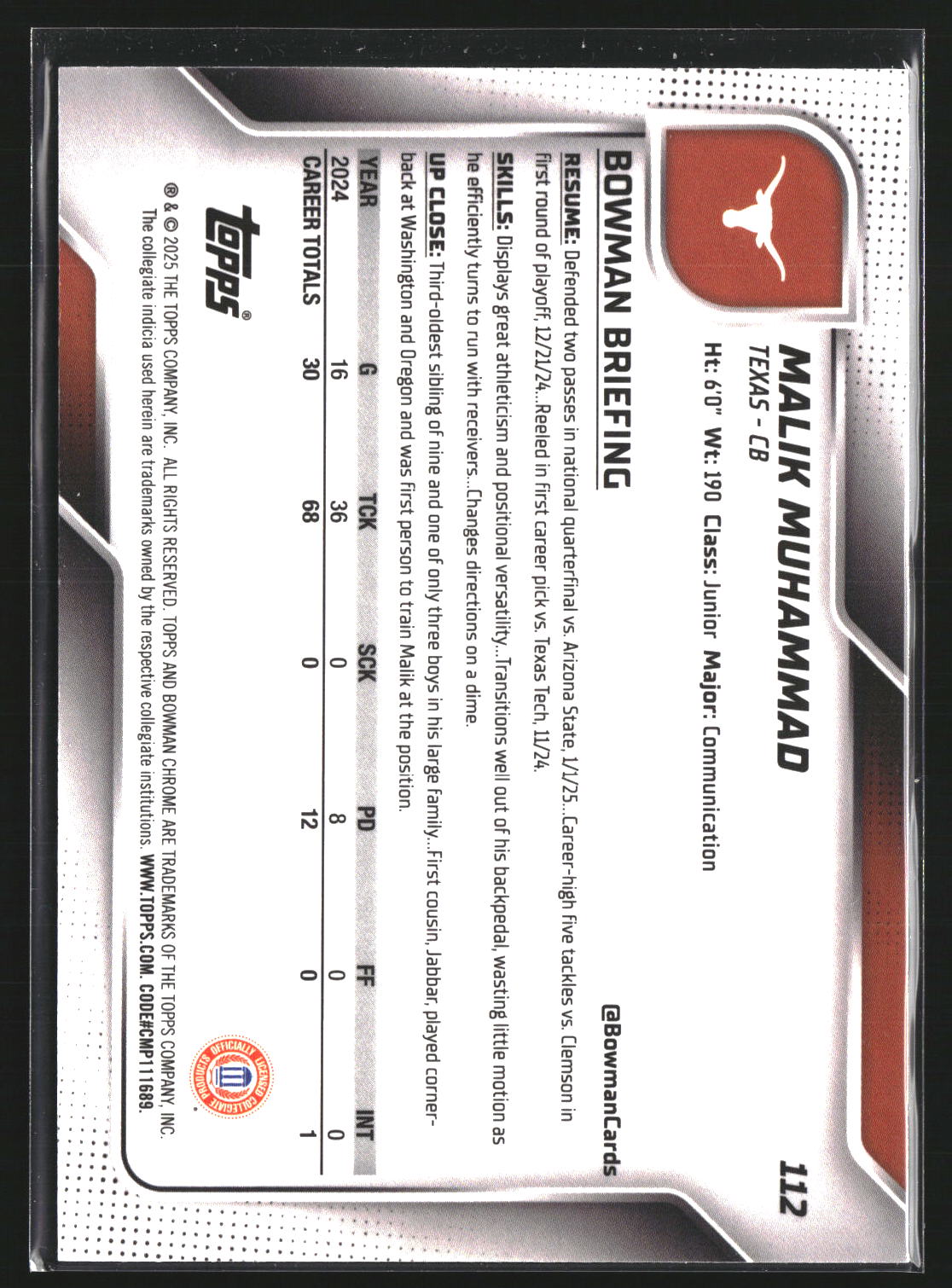 Malik Muhammad 2025 Bowman University Chrome 112 Teal Lava Refractor Longhorns