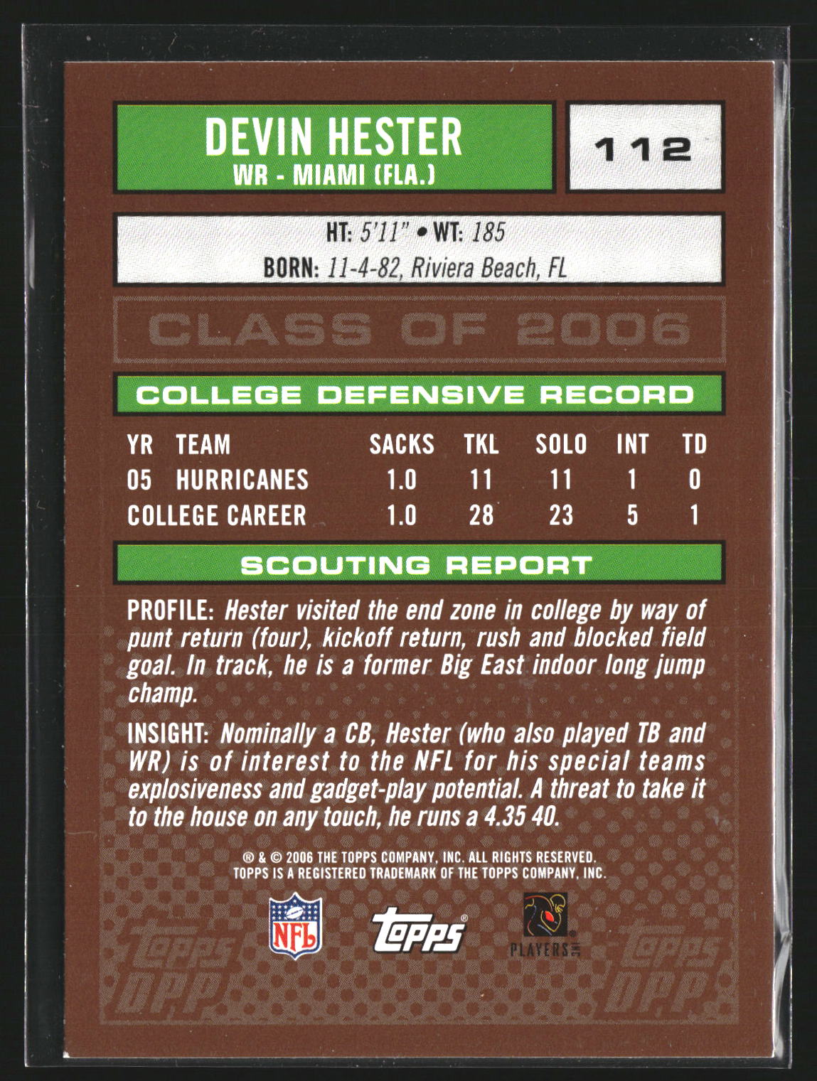 Devin Hester 2006 Topps Draft Picks & Prospects 112 RC RC Miami Hurricanes