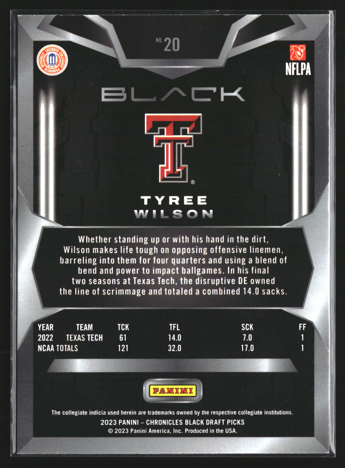 Tyree Wilson 2023 Panini Chronicles Draft Picks 20 Black Texas Tech Red Raiders