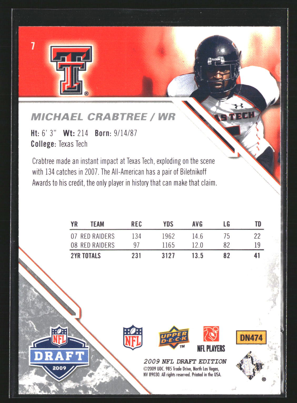 Michael Crabtree 2009 Upper Deck Draft Edition 7 Texas Tech Red Raiders
