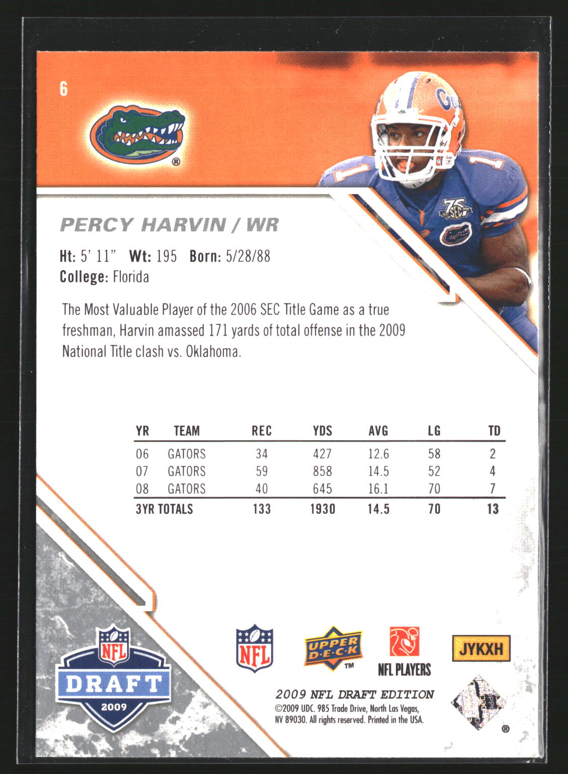 Percy Harvin 2009 Upper Deck Draft Edition 6 Florida Gators