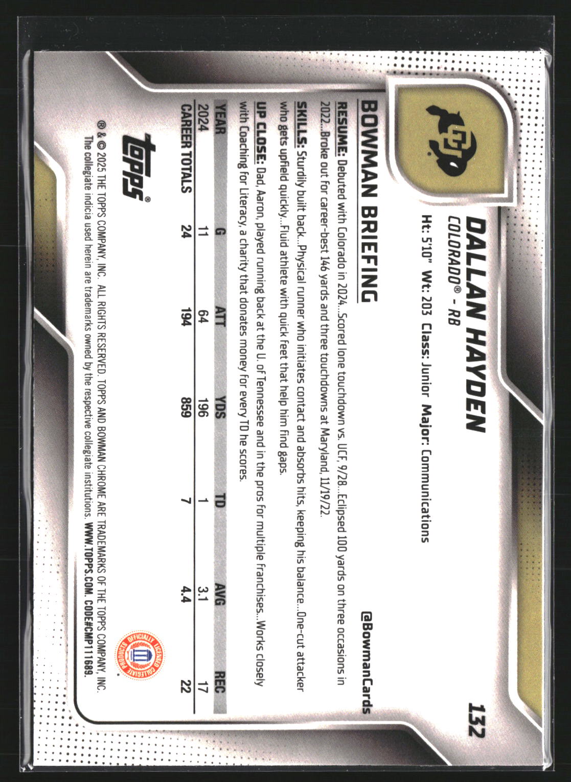 Dallan Hayden 2025 Bowman U Chrome 132 Teal Lava Refractor Colorado Buffaloes