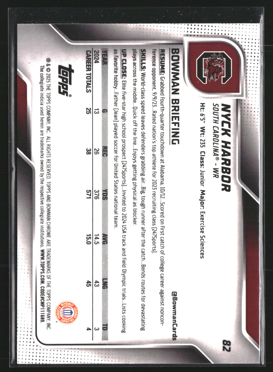 Nyck Harbor 2025 Bowman University Chrome 82 South Carolina Gamecocks
