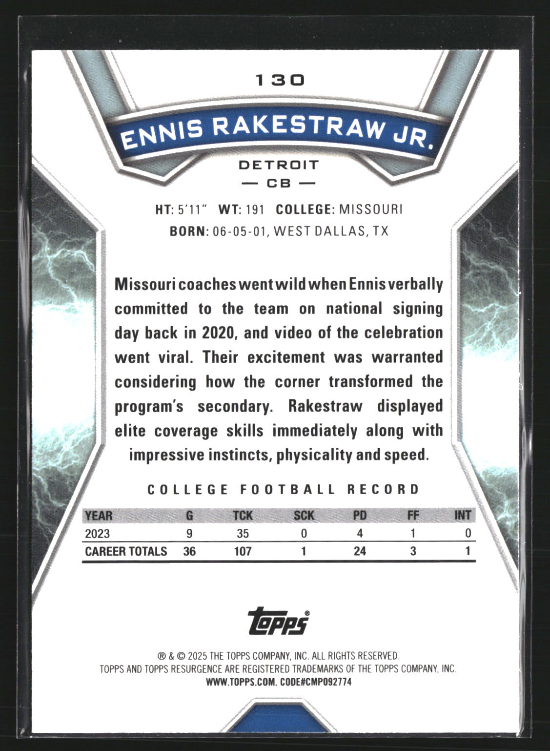 Ennis Rakestraw Jr. 2024 Topps Resurgence 130 RC RC Detroit Lions
