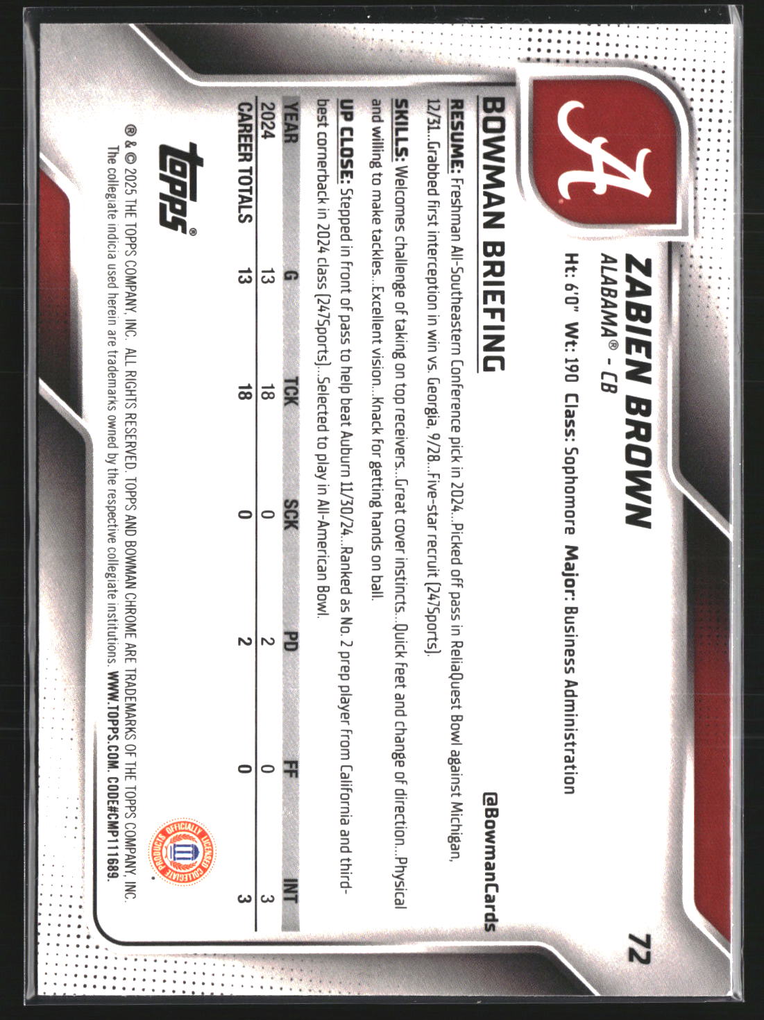 Zabien Brown 2025 Bowman University Chrome 72 Alabama Crimson Tide