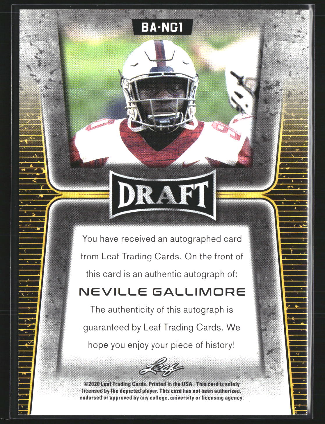 Neville Gallimore 2020 Leaf Draft BA-NG1 Autographs AU AU Oklahoma Sooners