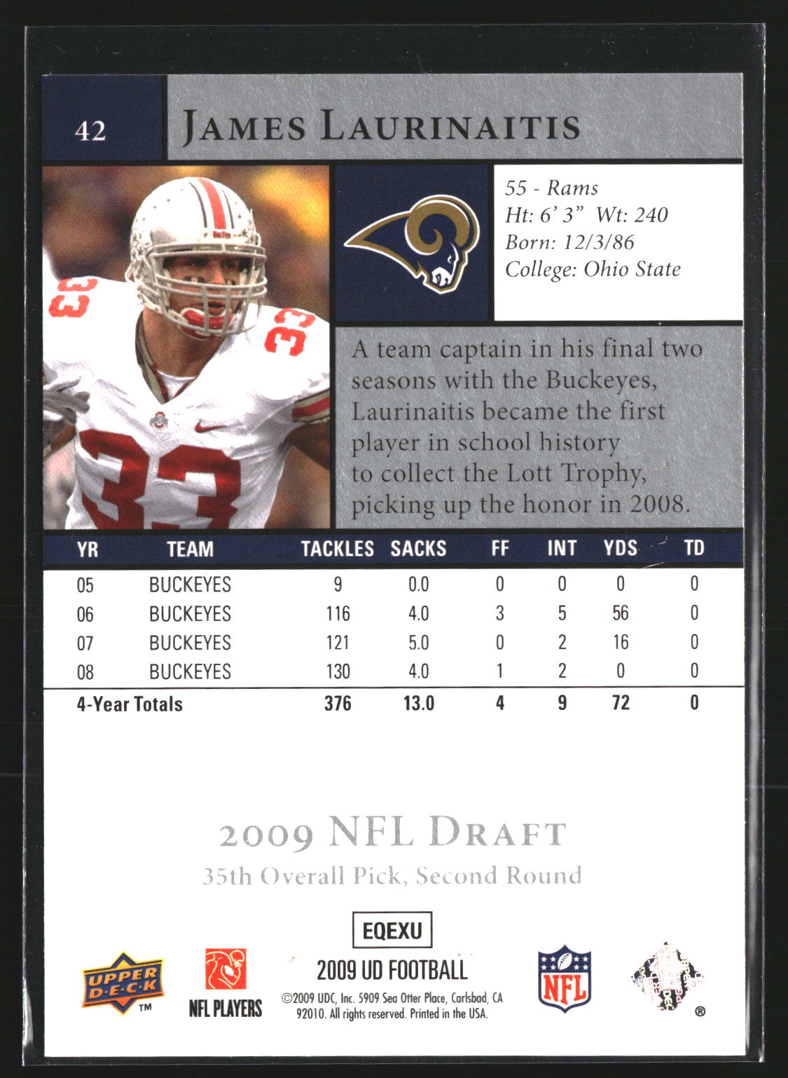 James Laurinaitis 2009 Upper Deck Rookie Exclusives 42 St. Louis Rams