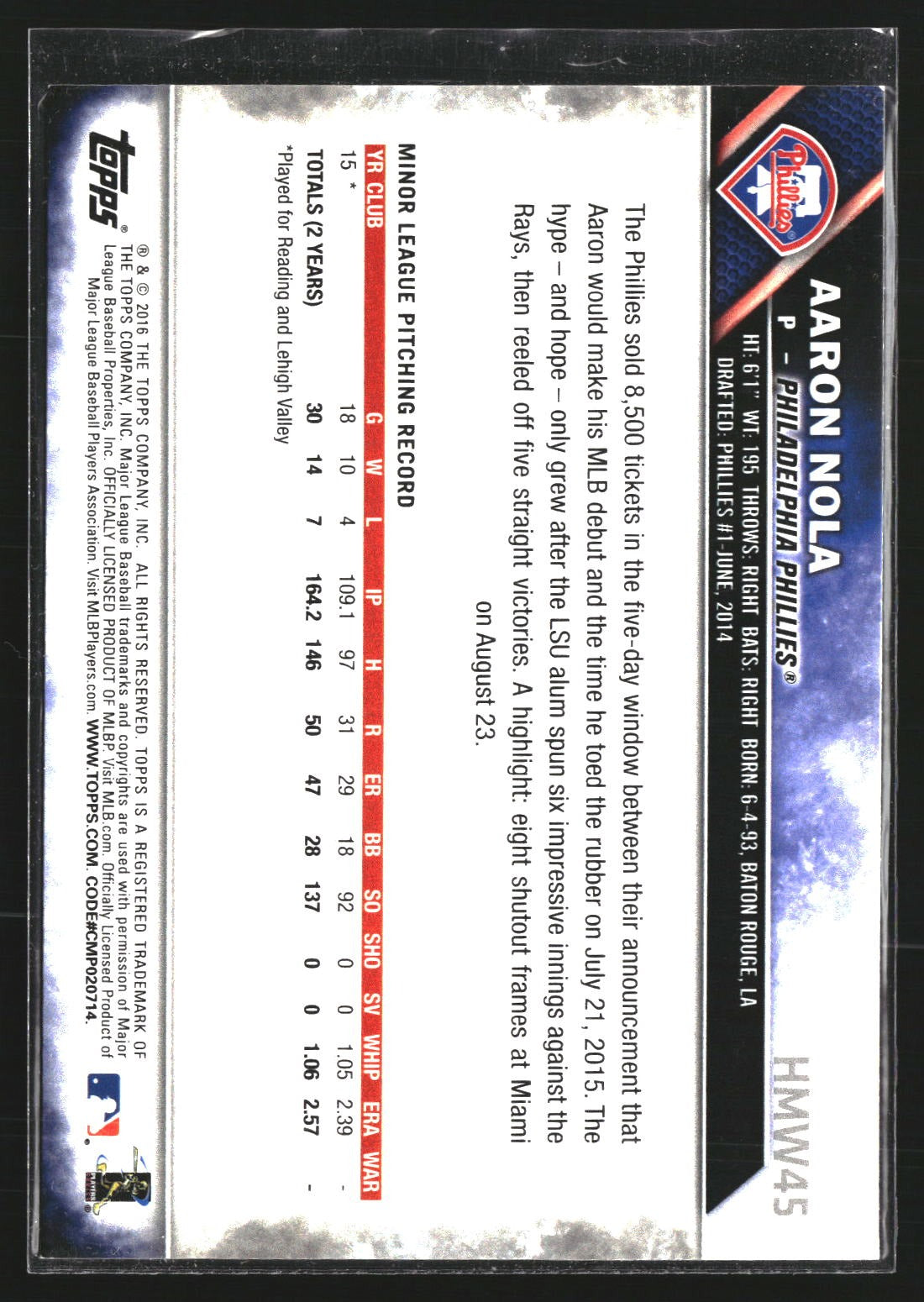 Aaron Nola 2016 Topps Holiday HMW45 RC RC Philadelphia Phillies